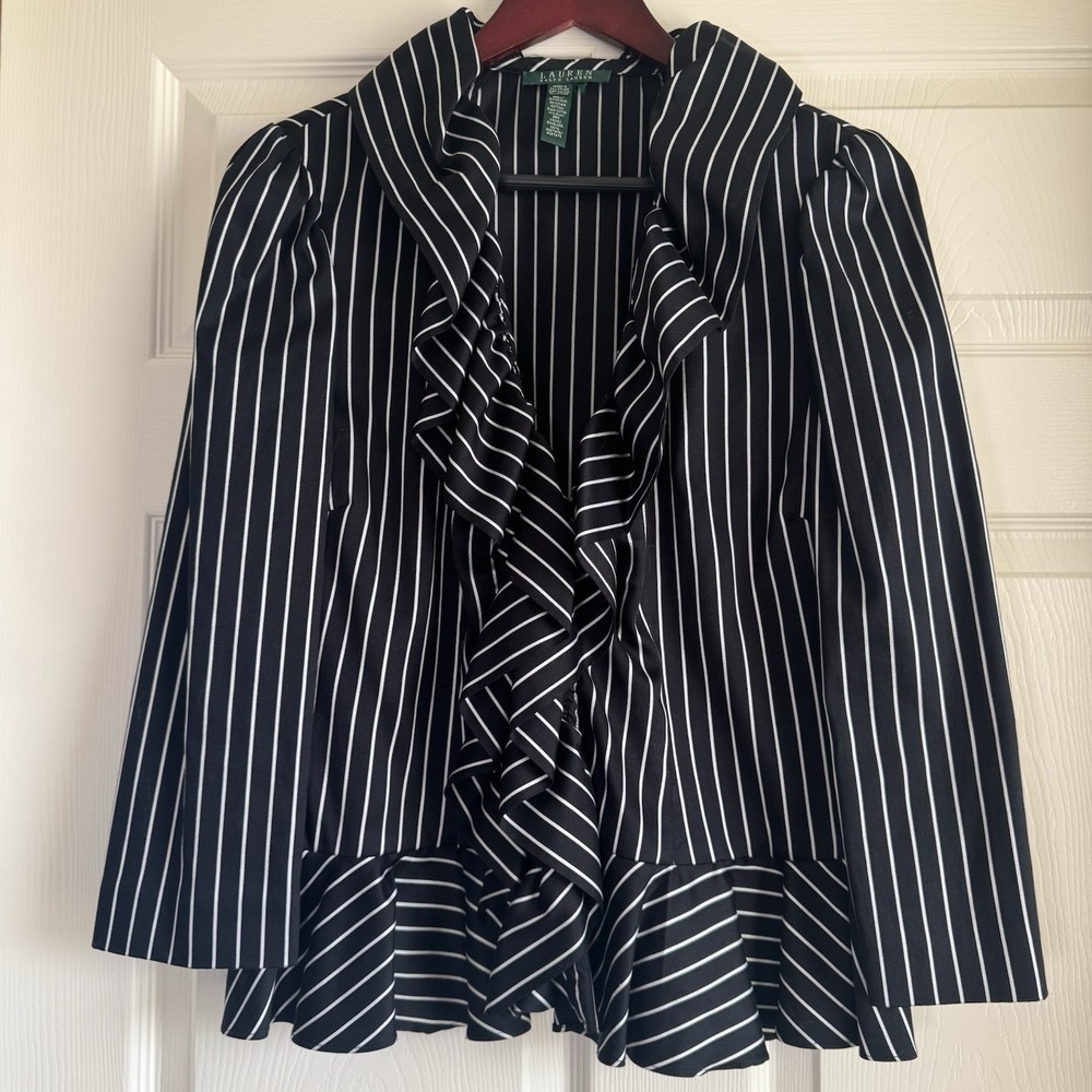Lauren‎ Ralph Lauren Womens Size L 3/4 Sleeve Pinstripe Peplum Blouse